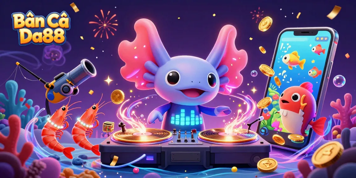 Bắn Cá Da88 engagement with vibrant fish game elements, dynamic underwater scene featuring axolotl DJ and crew.