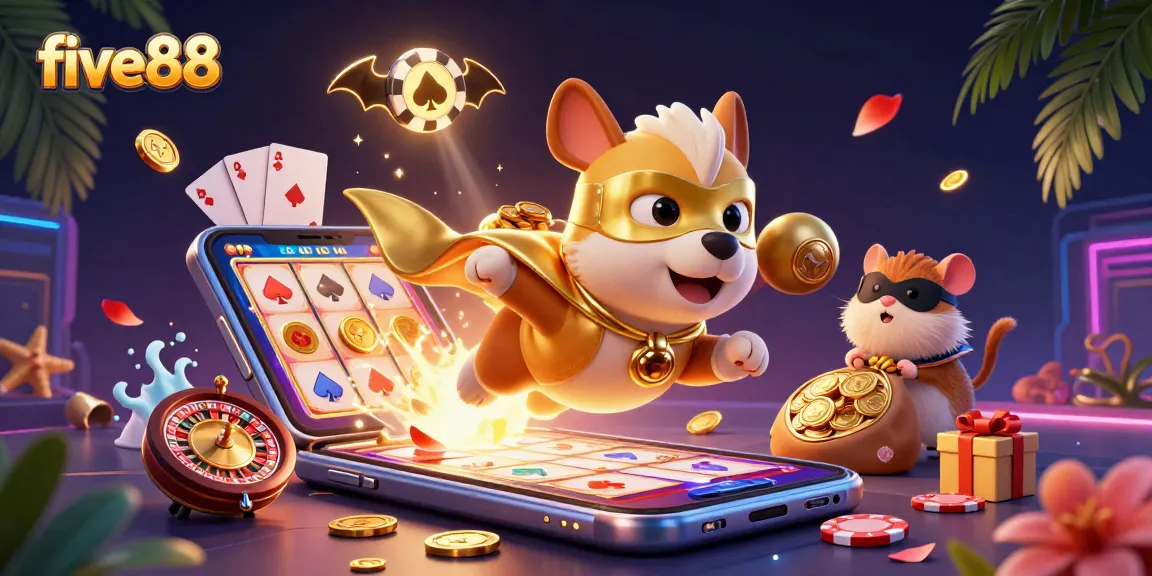 Join the adventure with five88 as our superhero dog and sidekick indulge in exciting slot games.