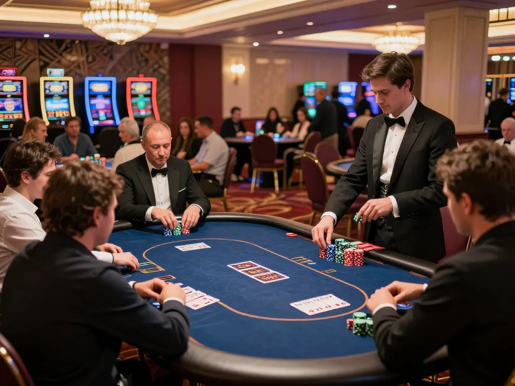 Players strategizing their moves at a high-stakes poker table in a glamorous casino, exemplifying kèo nhà cái chuẩn for sophisticated gameplay.
