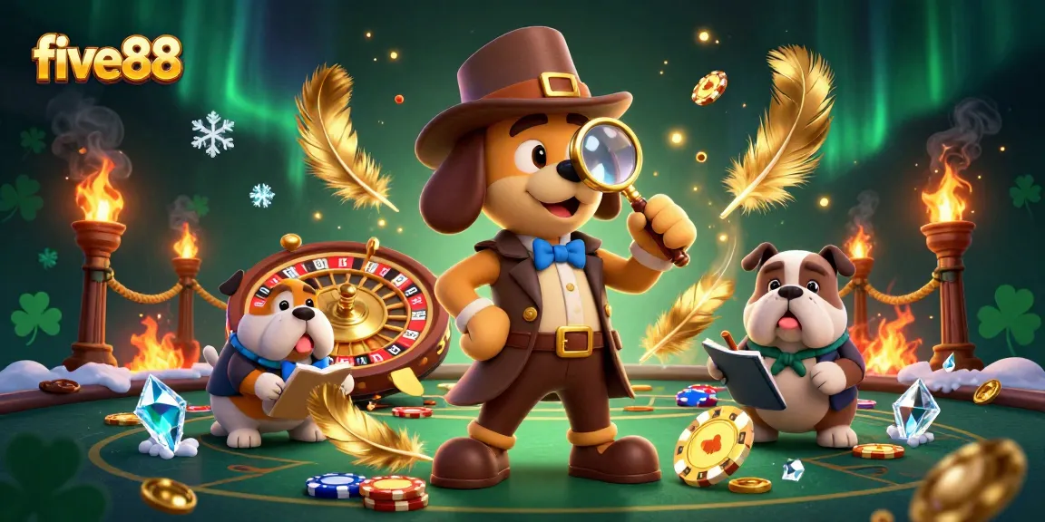five88 gaming scene features a detective bloodhound investigating winning poker chips and roulette elements.