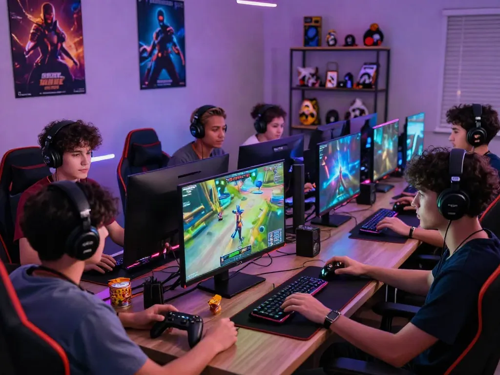 Dynamic gaming group enjoying the rokok88 link experience in an immersive setup.