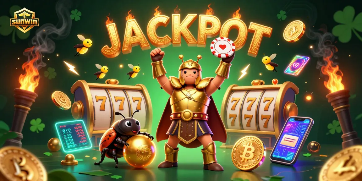 Experience the thrill of sunwin with a 3D beetle champion celebrating a jackpot in an exciting casino scene.