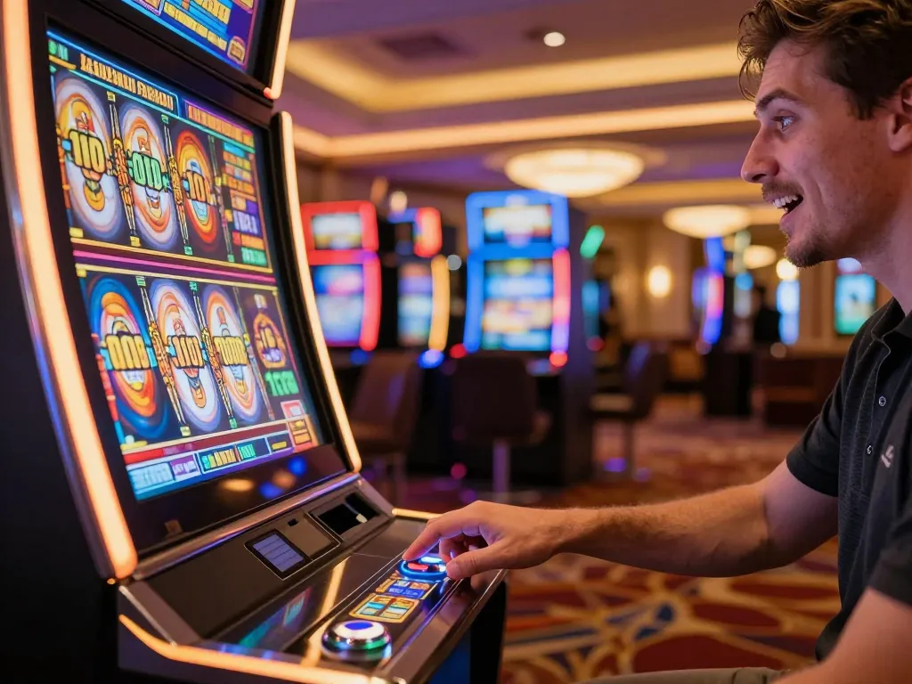 va88 player celebrating a win at a colorful slot machine in a vibrant casino