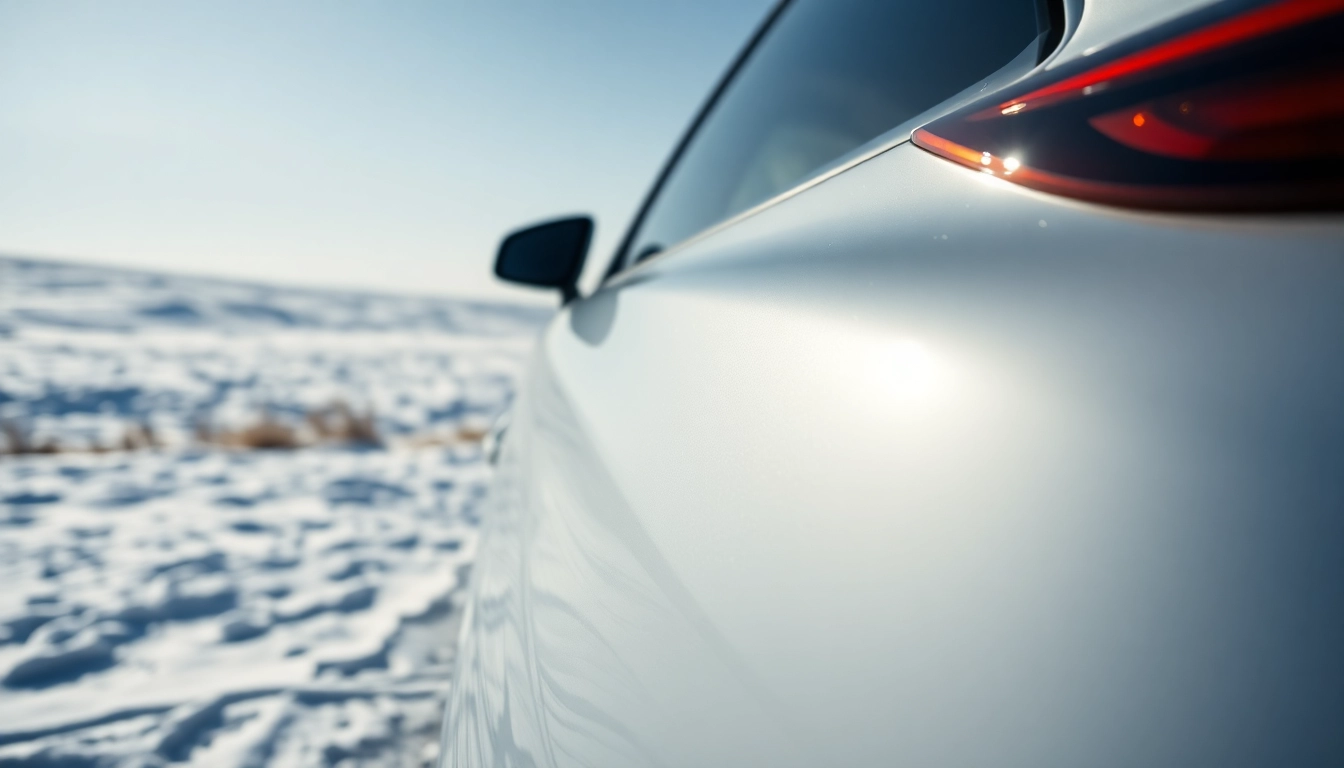 Showcasing PPF winter road salt protection on a gleaming car in snowy landscape.