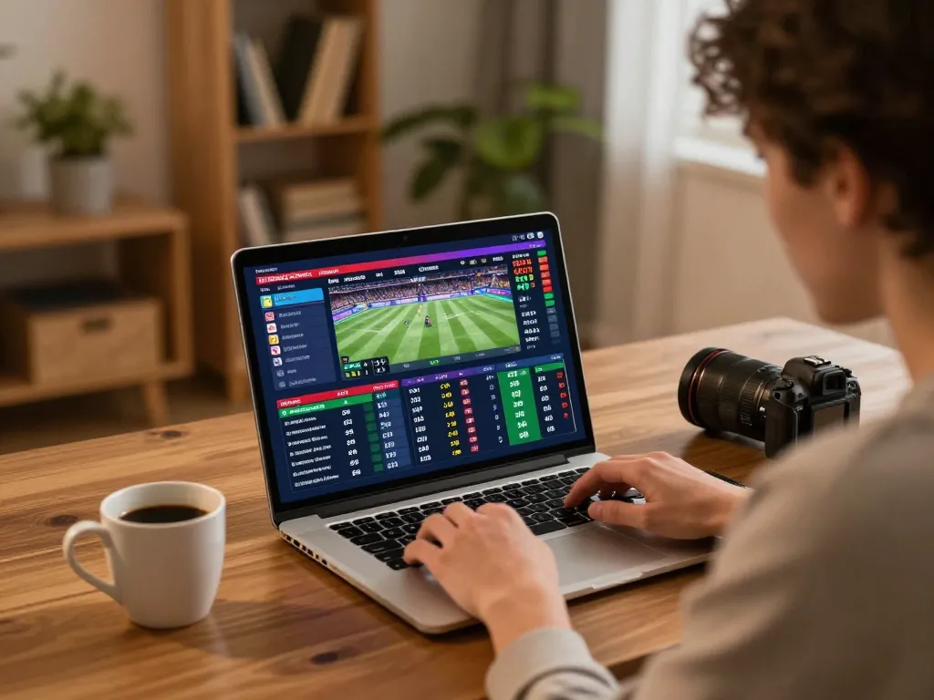 Engaging in live sports betting on j188 platform at home with modern laptop setup.