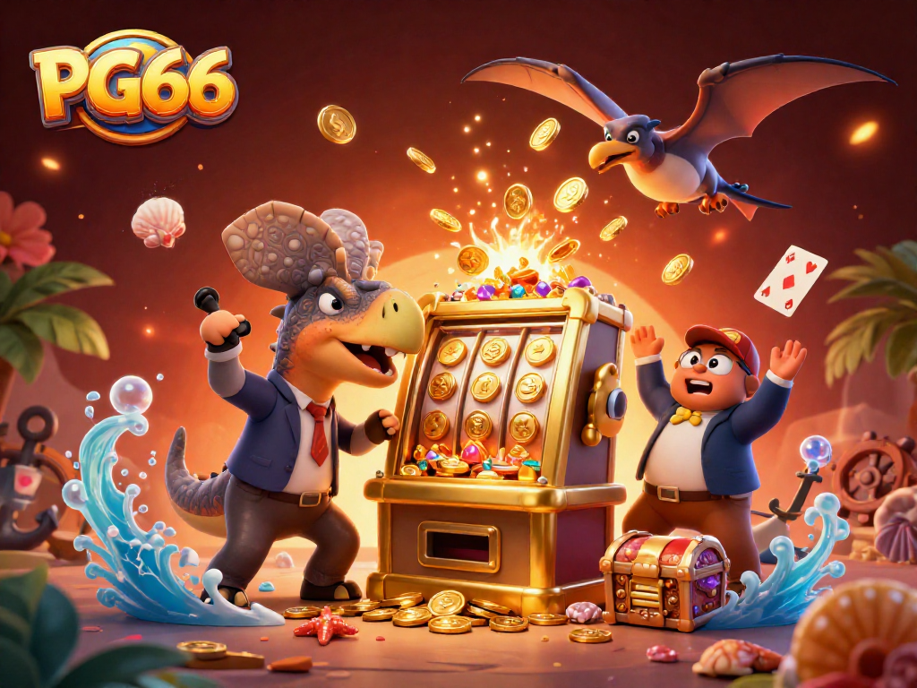 PG66 unleashes winning excitement with a cartoon dinosaur hitting a slot machine in this vibrant casino scene.