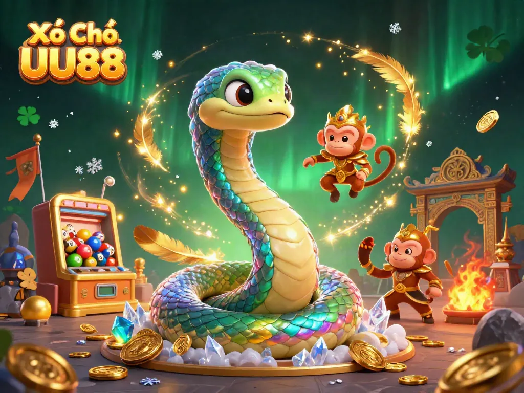 Xổ Số UU88 offers an enchanting scene with a cartoon rainbow serpent and a monkey king amidst lottery elements and golden coins.