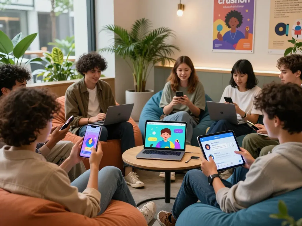 Users experiencing crushon AI chatbots in a modern lounge setting, showcasing vibrant interactions.