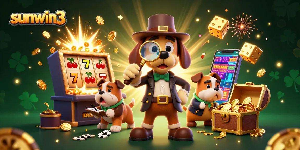 Experience thrilling gameplay at sunwin3 with a detective uncovering jackpot clues amidst vibrant casino elements.
