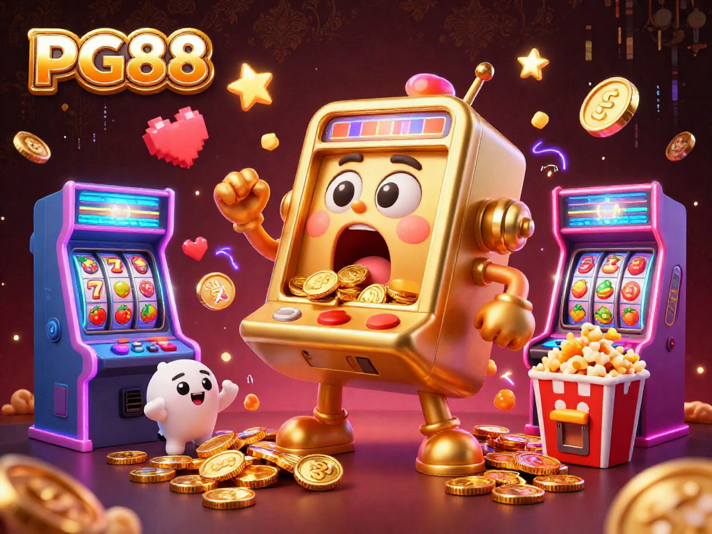Experience PG88's thrilling jackpots in an engaging 3D casino scene featuring golden slot machines.