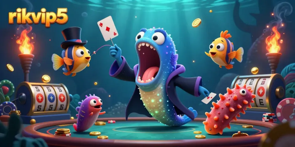 Engage with the vibrant underwater gambling scene featuring rikvip5 elements and playful sea creatures.