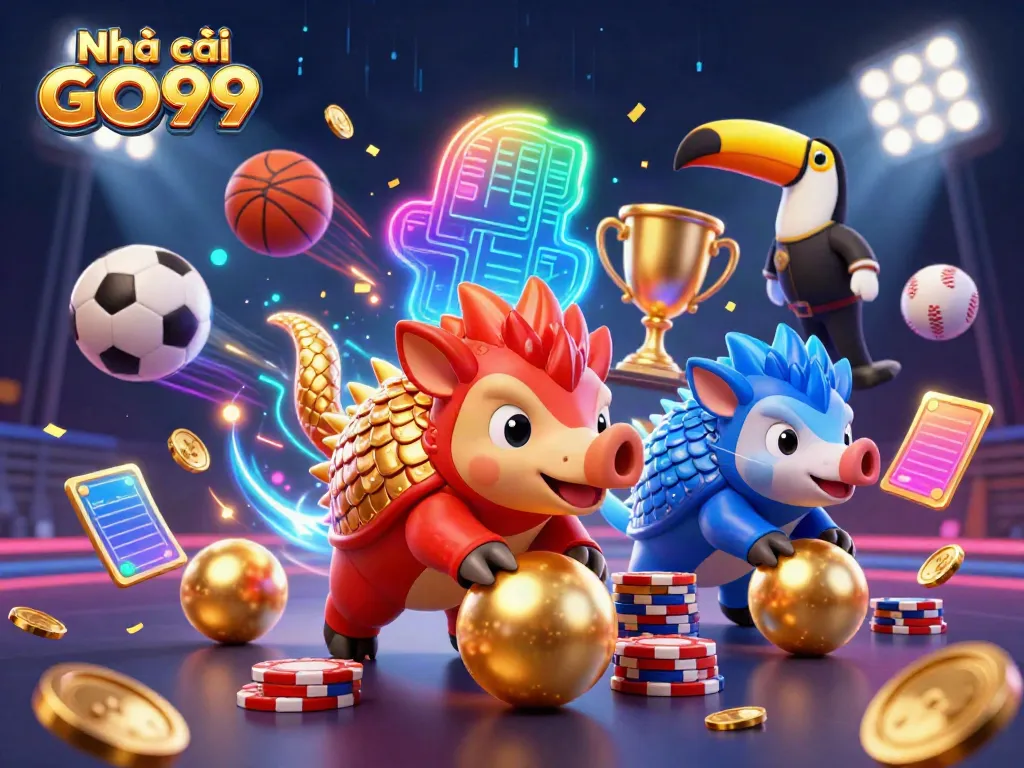 Engage with Nhà cái GO99 as rival pangolins roll through poker chips in a vibrant casino scene.