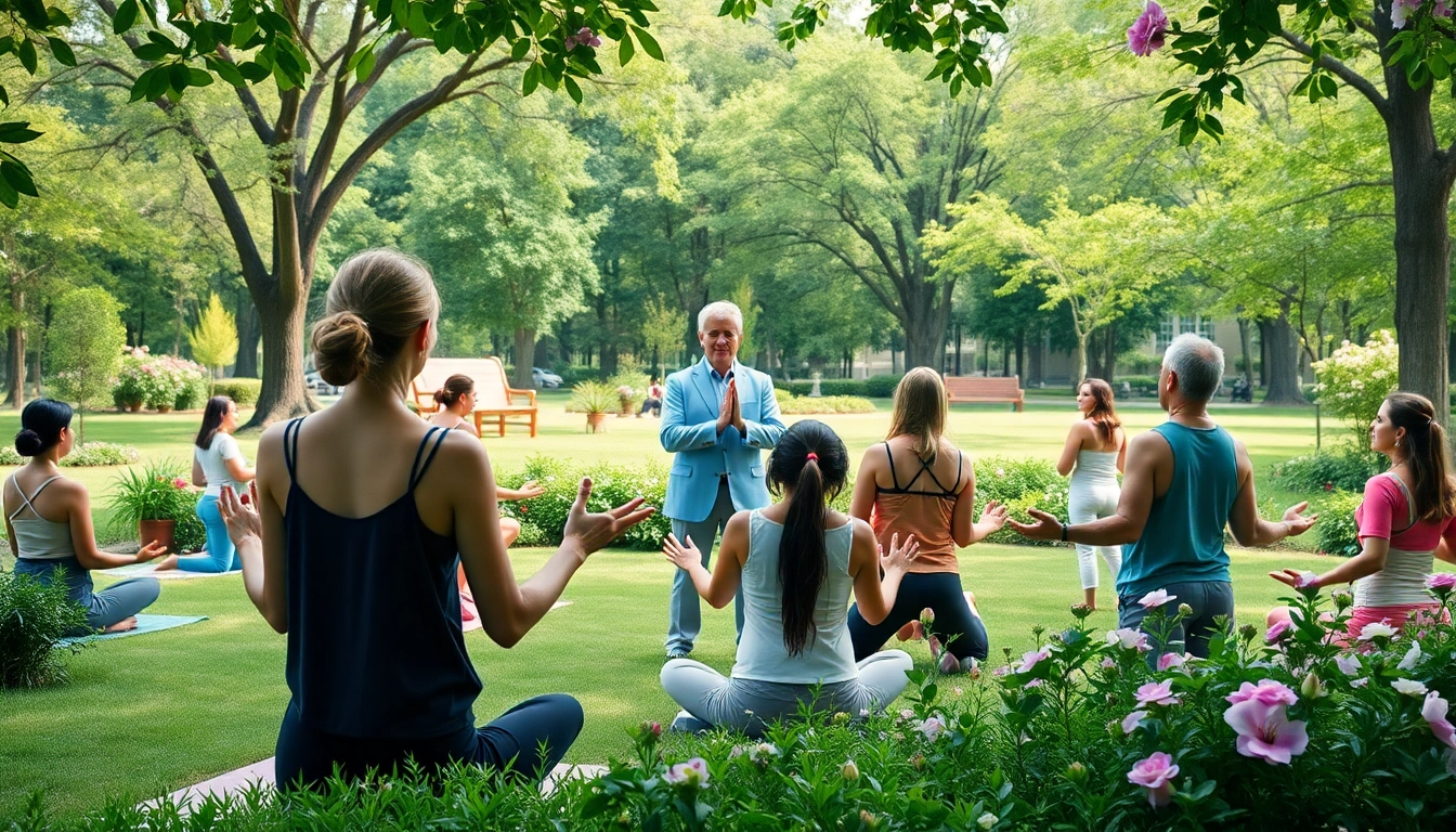 Group practicing mindfulness to reduce stress and anxiety in a serene outdoor setting.