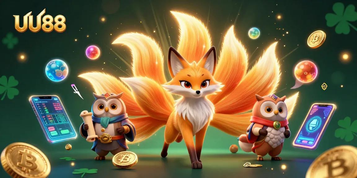 Experience UU88's thrilling gameplay with a colorful nine-tailed fox and owl sage in a casino setting.