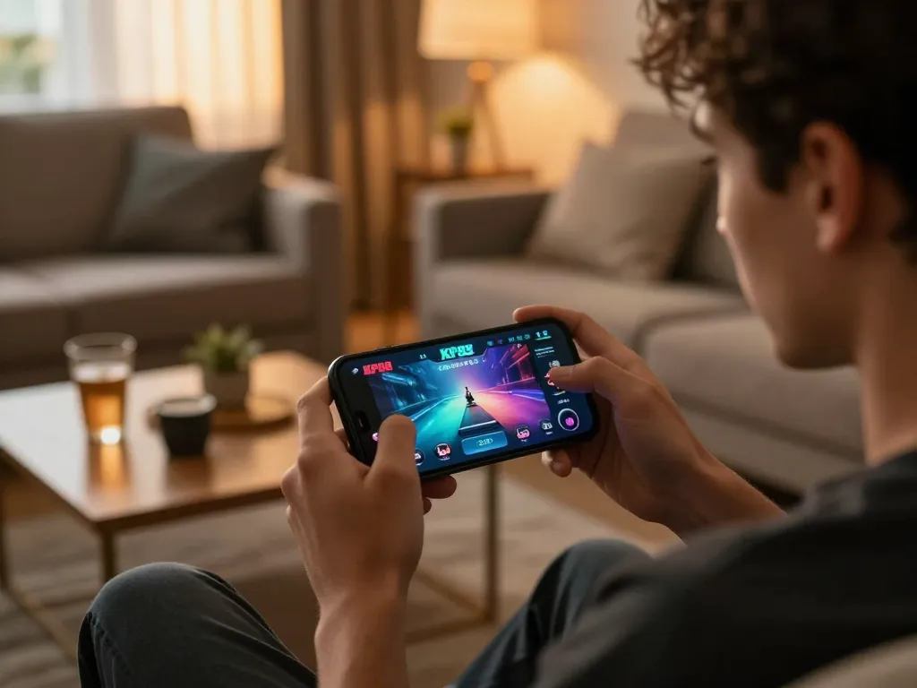 Player engaging with the jkp88 app on a smartphone in a cozy living room, exuding relaxed online gameplay.
