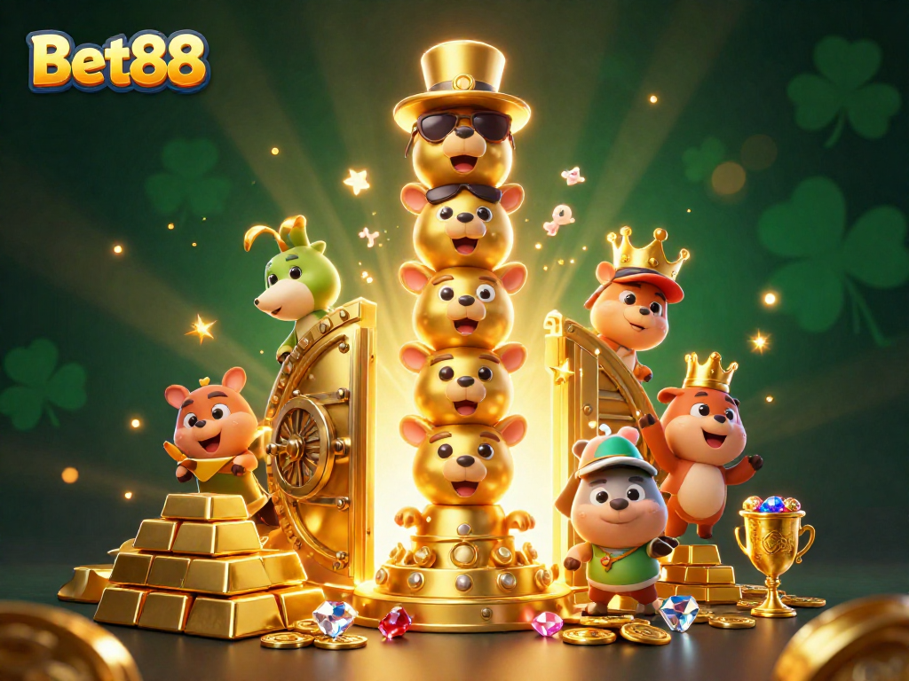 Experience the excitement of Bet88 with a vibrant 3D illustration featuring a golden totem and treasures.