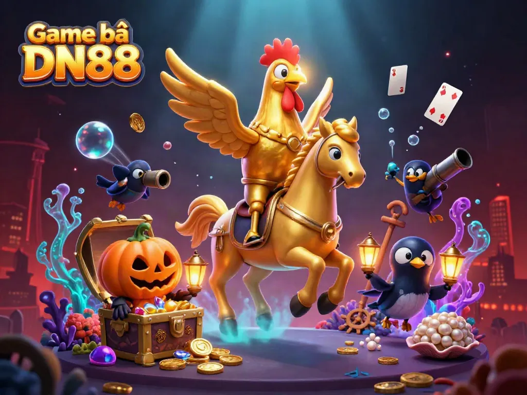 Experience Game bài DN88 with thrilling 3D characters amidst a vibrant casino scene full of treasures and playing cards.
