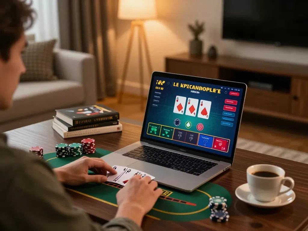 Player engaging in a live dealer blackjack game on a laptop, featuring the CM 88 gaming setup and cozy atmosphere.