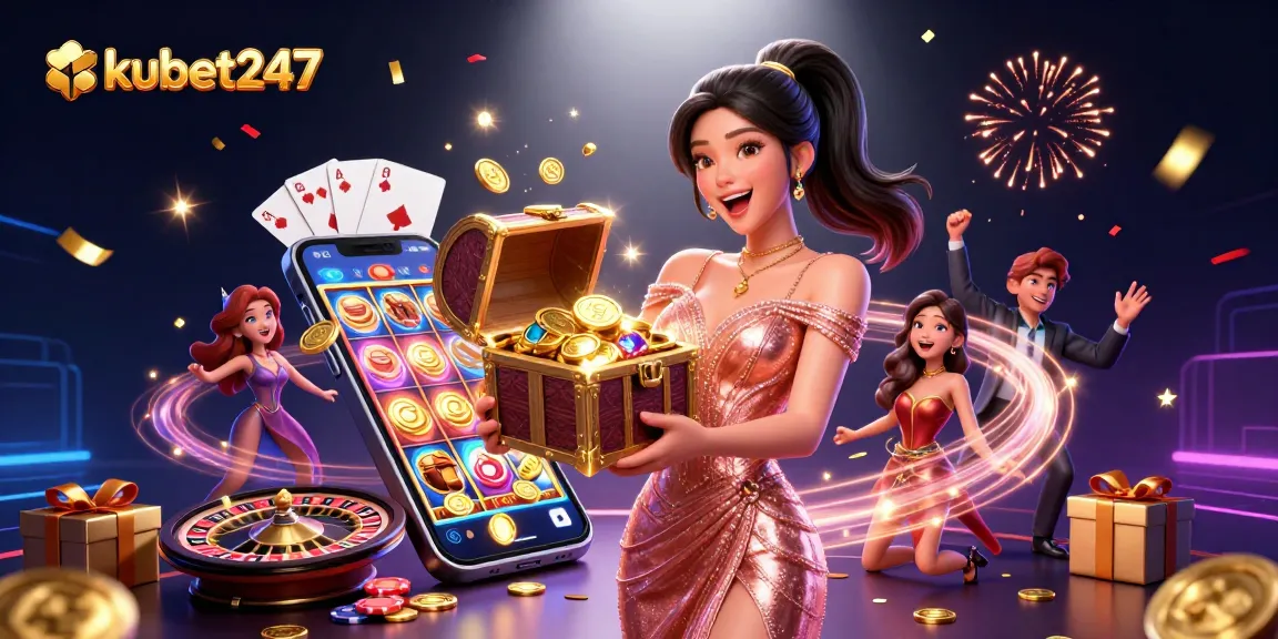 Experience the excitement of kubet247 at a vibrant 3D digital casino scene bursting with treasures.