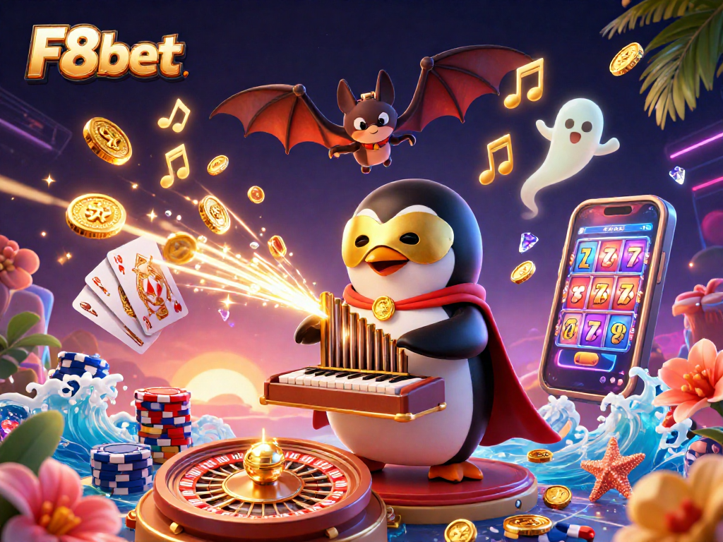 Engage with F8bet's online casino magic featuring a penguin organist amidst golden coins.