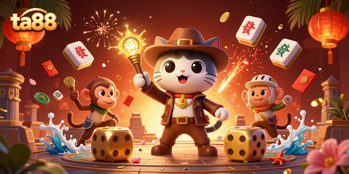 Discover ta88 slots riches with a 3D explorer cat and a monkey in a temple.