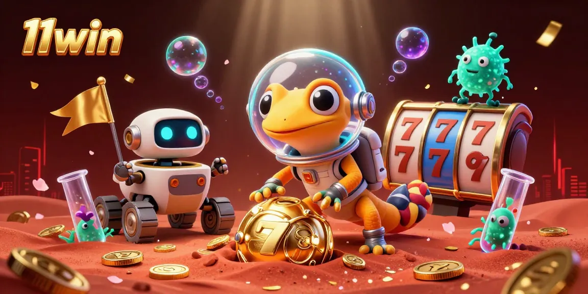 Cheerful 11win Martian gecko discovers a golden casino on Mars, surrounded by vibrant gaming elements.