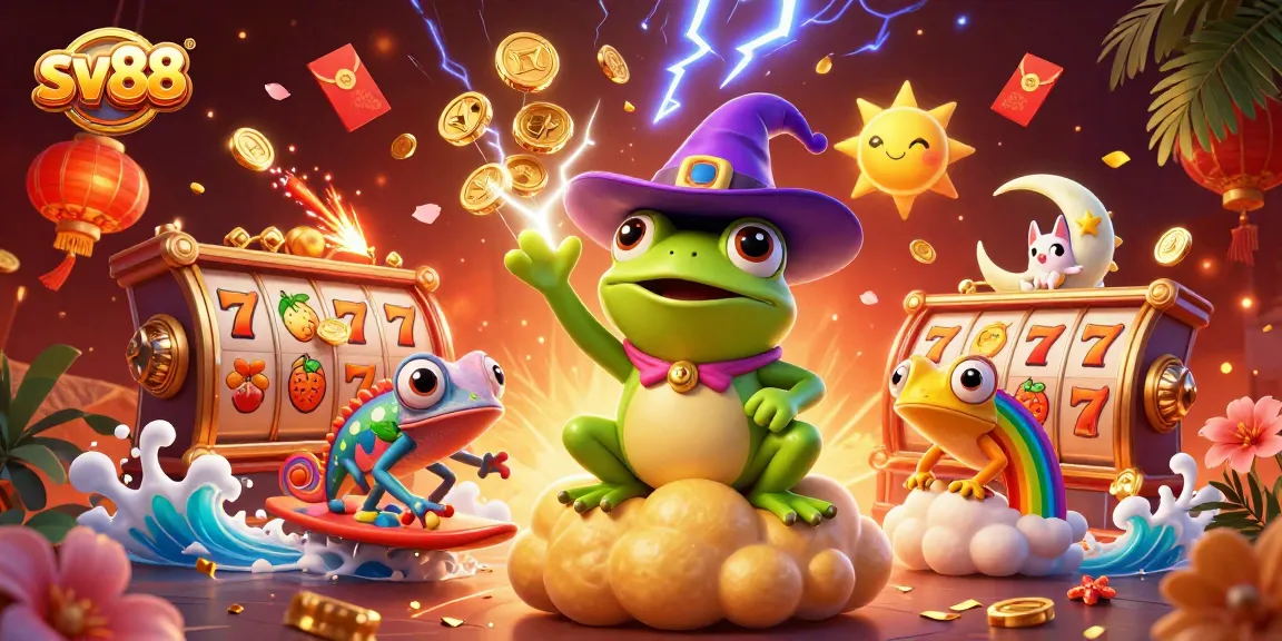 Experience the thrill of sv88 with a mesmerizing 3D illustration of a cartoon frog amidst golden coins.