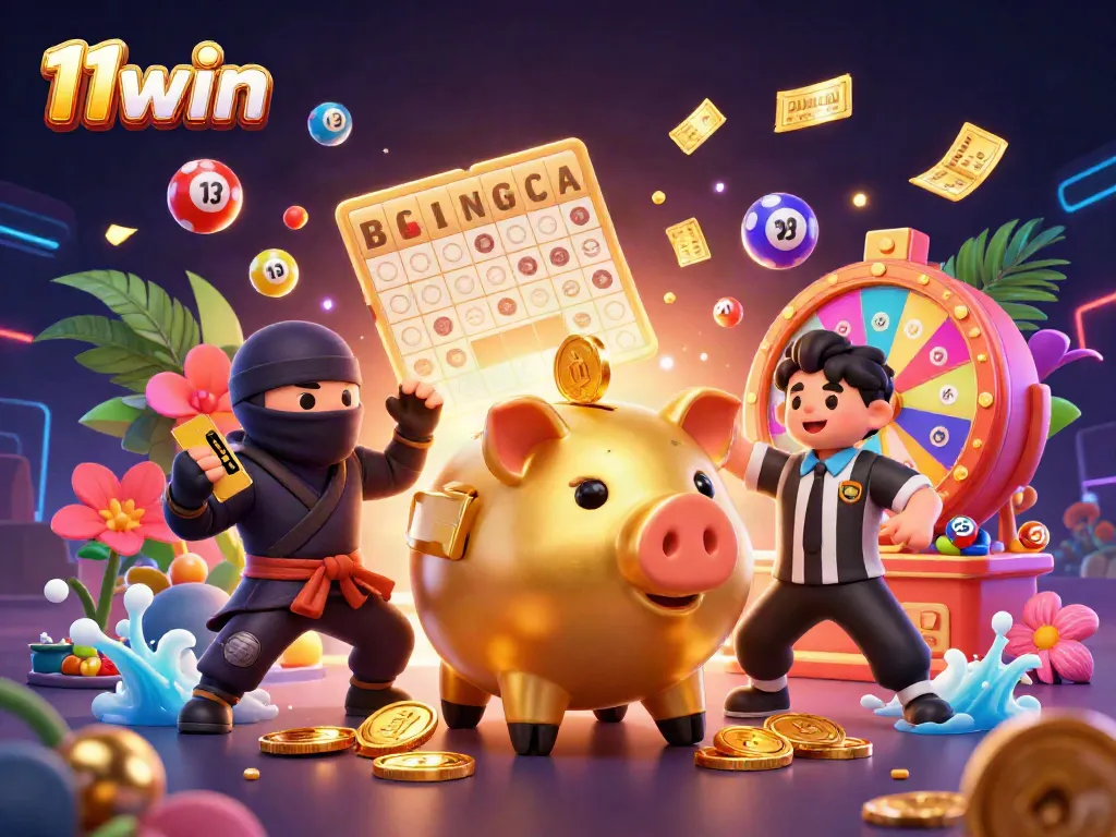 Experience thrilling gaming adventures with 11win's lively 3D illustration featuring a golden piggy bank and casino elements.