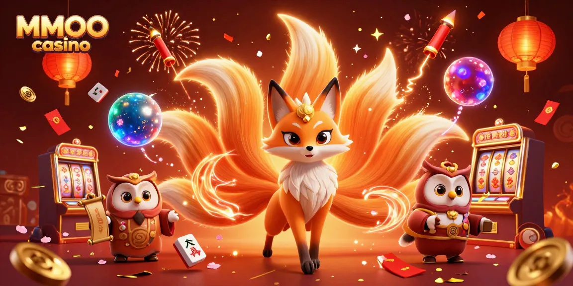Experience the excitement of MMOO casino with vibrant characters and casino elements in a festive digital illustration.