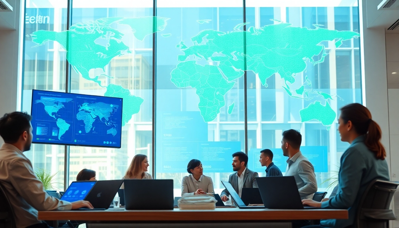 快连下载 showcased in a bright modern office with diverse professionals discussing global network connections.