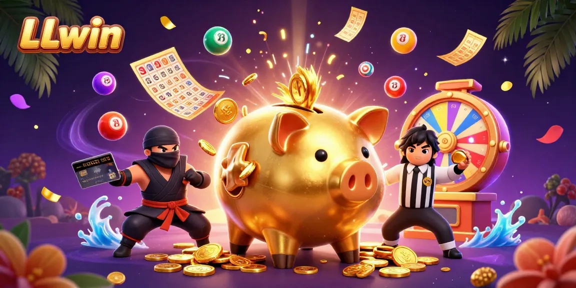 Experience LLwin's exciting gaming action with vibrant lottery balls and engaging characters in a dynamic casino scene.
