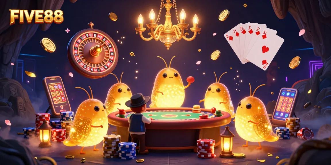 Experience the thrilling atmosphere of FIVE88 with bioluminescent glowworms lighting a vibrant casino scene, ideal for gamblers.