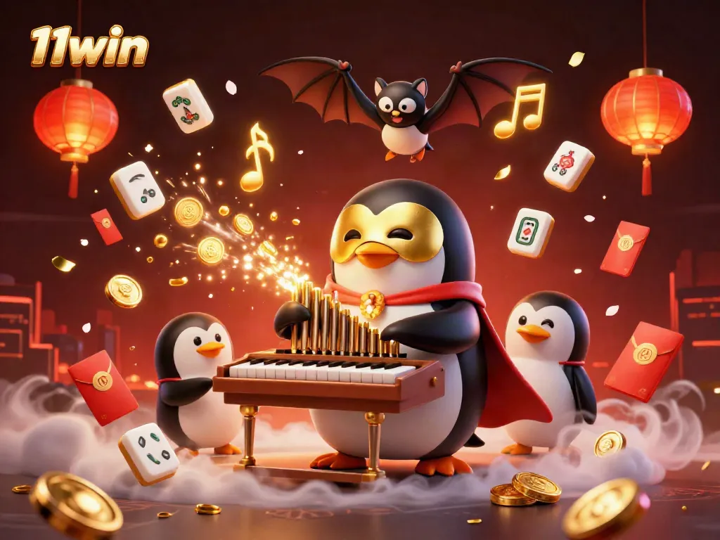 Experience the excitement of 11win with a vibrant scene of casino fun featuring a performing penguin and golden coins.