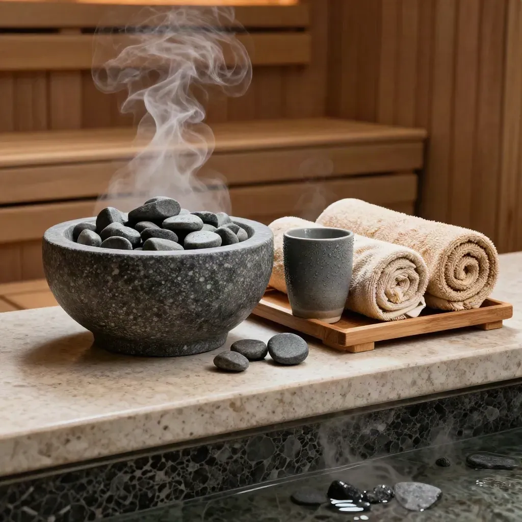 Sauna sonrası buharlı taş kase, havlu ruloları, seramik kupa ve ahşap tepsi.