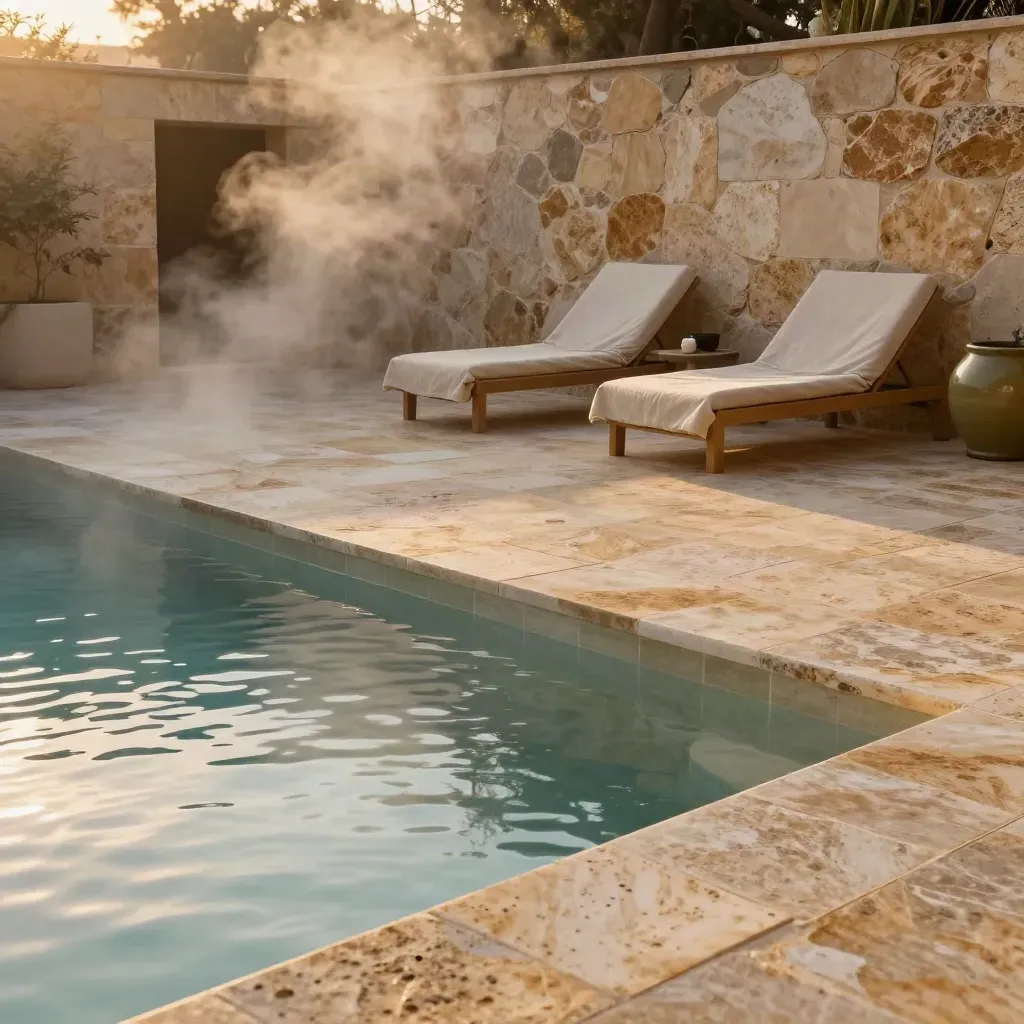 Gün batımında taş spa avlusu, su aynası ve buharlı çıkış, keten şezlonglar.
