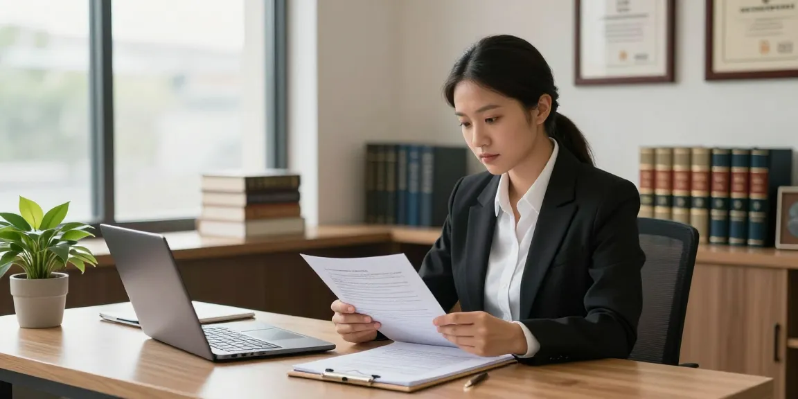 Lawyer reviewing case files in office to provide more information about legal services.