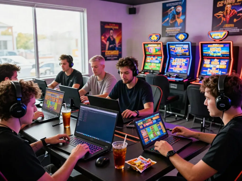 Gamers engaged in an immersive gaming experience with GEM88, showcasing vibrant screens and snacks.