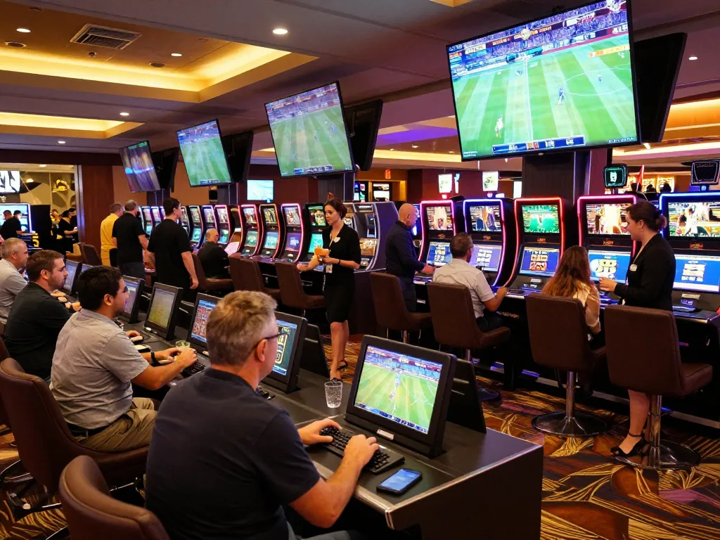Engaged bettors enjoying live sports betting at mm88star casino's vibrant sportsbook.