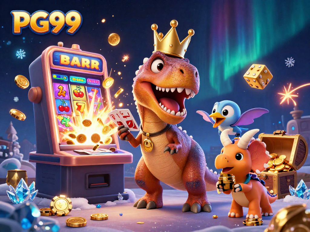 PG99 brings excitement with a T-Rex shuffling cards and a treasure chest bursting with coins.