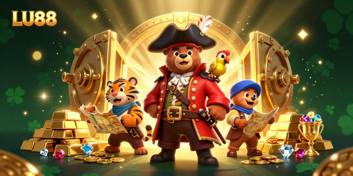 LU88 offers thrilling treasure with vibrant characters in a dynamic pirate casino scene.