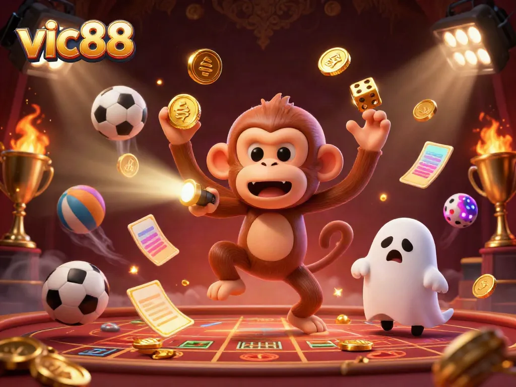 Experience the magical gambling world of vic88 with vibrant golden elements and sports betting excitement.