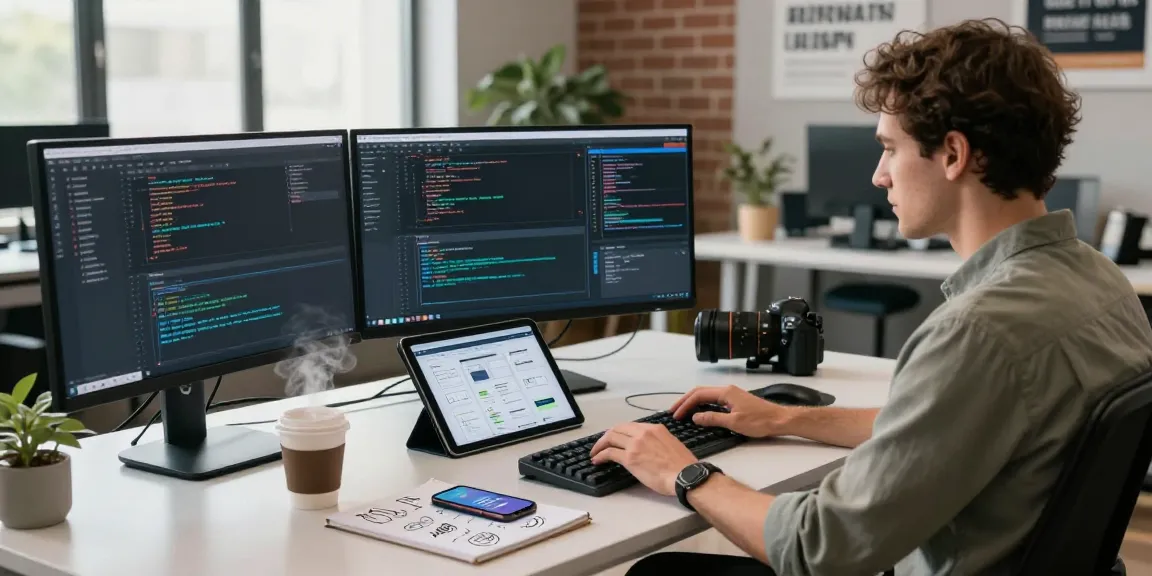 Professional software engineer at modern workstation, showcasing WPS Official Website tools and coding environment.