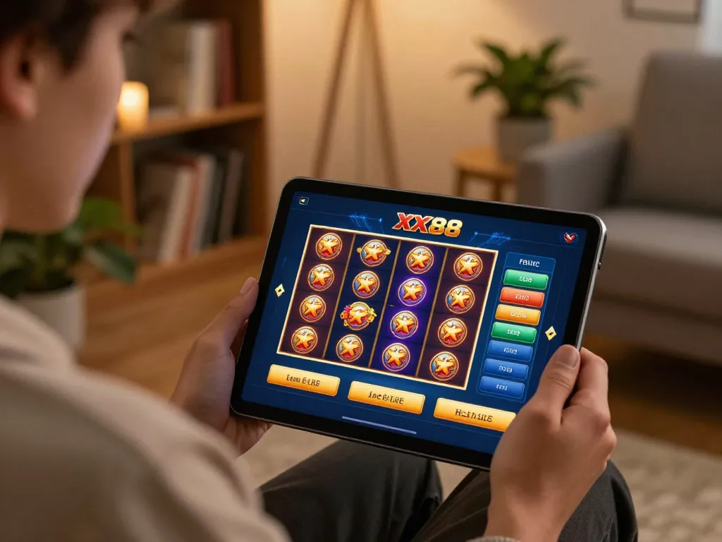 Person engaging with the XX88 app on a tablet in a cozy living room, exploring online casino gaming.