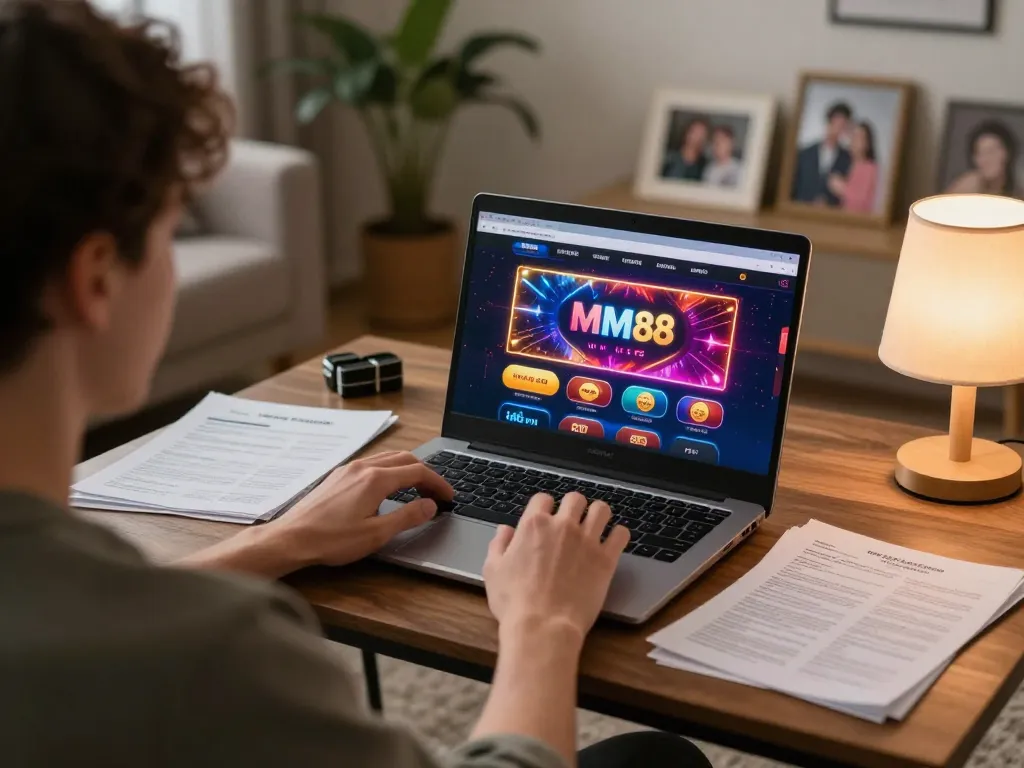 Engaging with mm88 online casino platform while following betting strategies in cozy home setup.