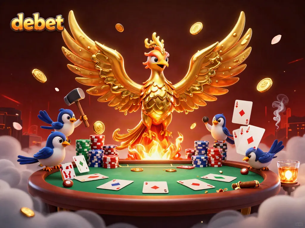 Betbig with Debet’s vibrant gaming scene featuring a molten phoenix creating golden coins.