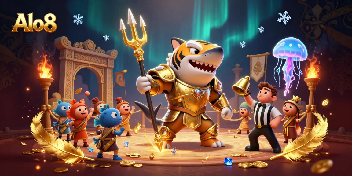 Alo8 offers an exciting gaming experience with a fierce tiger shark in gladiator armor amidst an underwater arena.