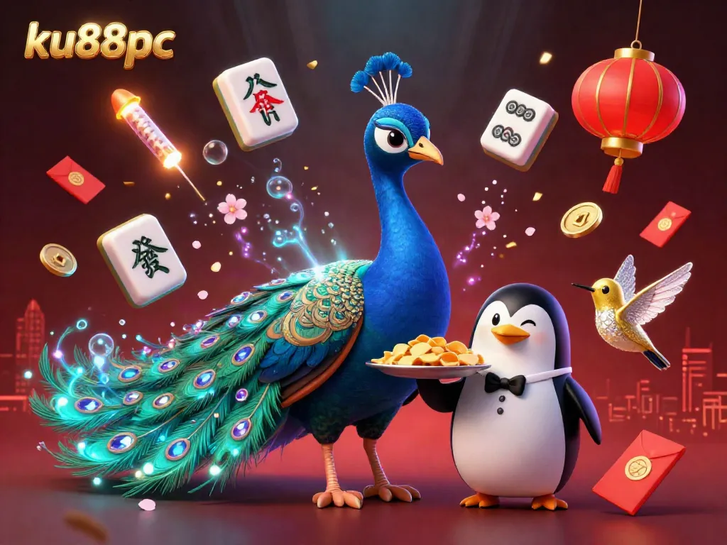 Experience excitement at ku88pc with a vibrant 3D scene featuring a colorful peacock and exciting casino elements.