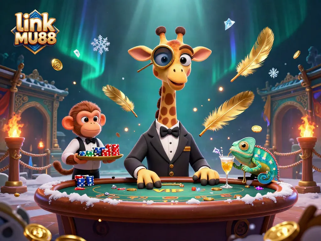 Join the excitement with link MU88 as a giraffe in a suit plays poker at a vibrant casino scene.