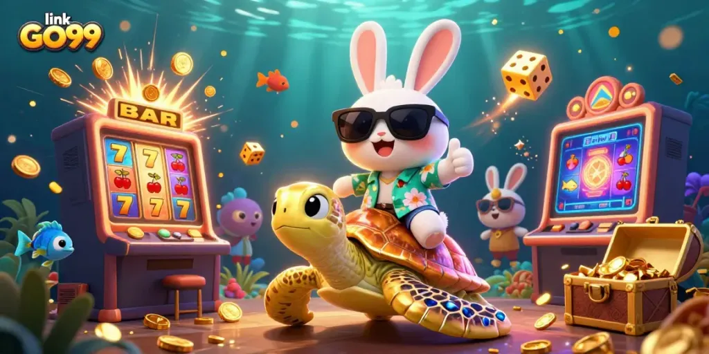 Play your favorite casino games on link GO99 with a vibrant illustration of a lucky rabbit and golden turtle.