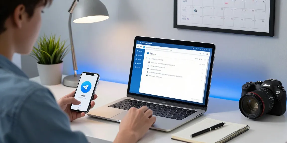 Setting up Telegram in Chinese on a laptop with notes and smartphone visible, illustrating user experience.